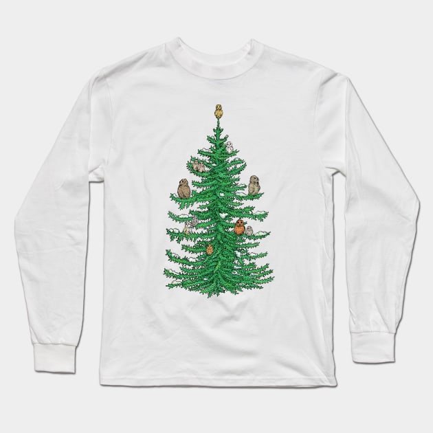 Christmas Fir Tree with Owls Long Sleeve T-Shirt by eugeniahauss